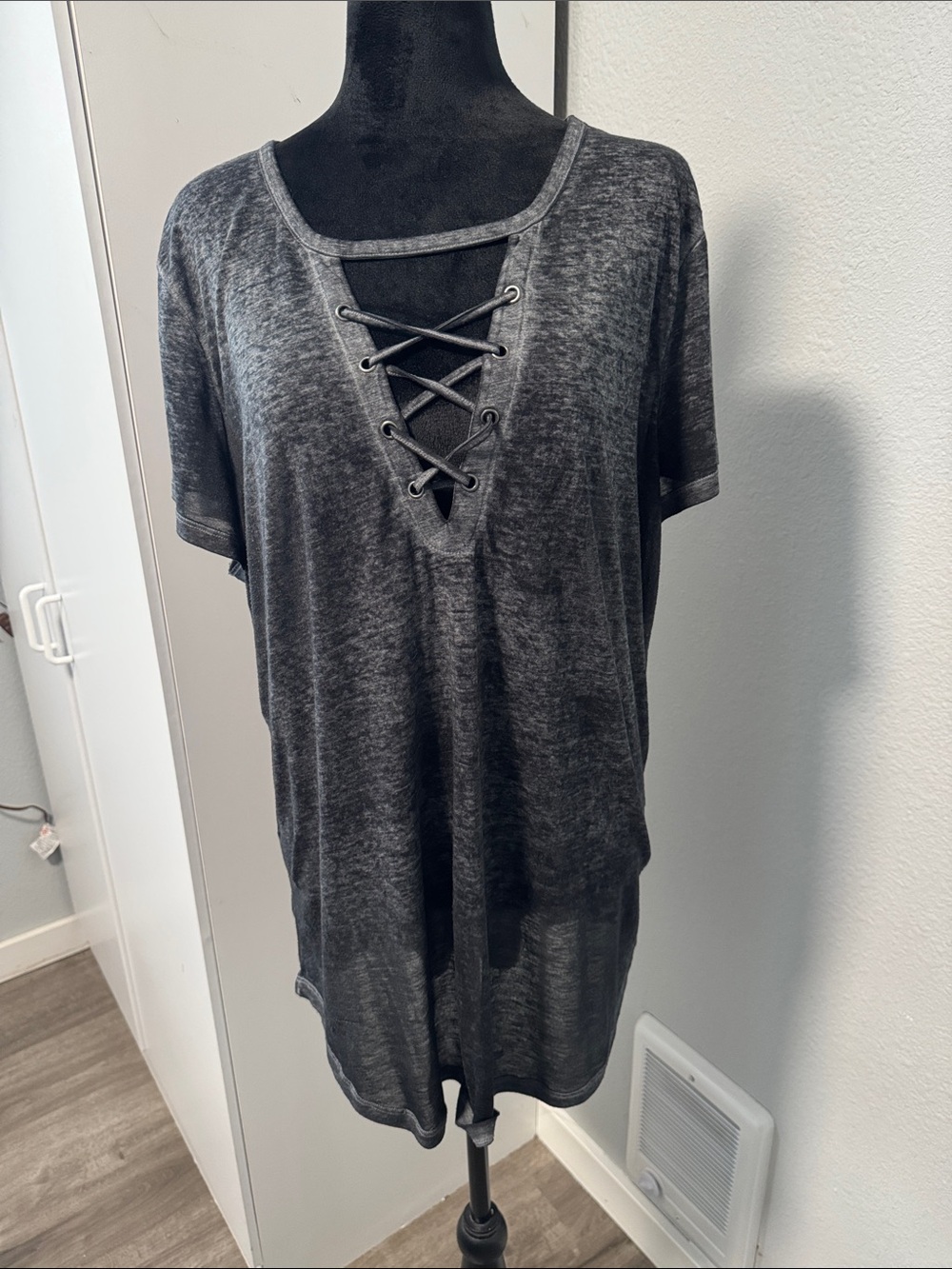 Washed Black Lace-Up Short Sleeve Tee